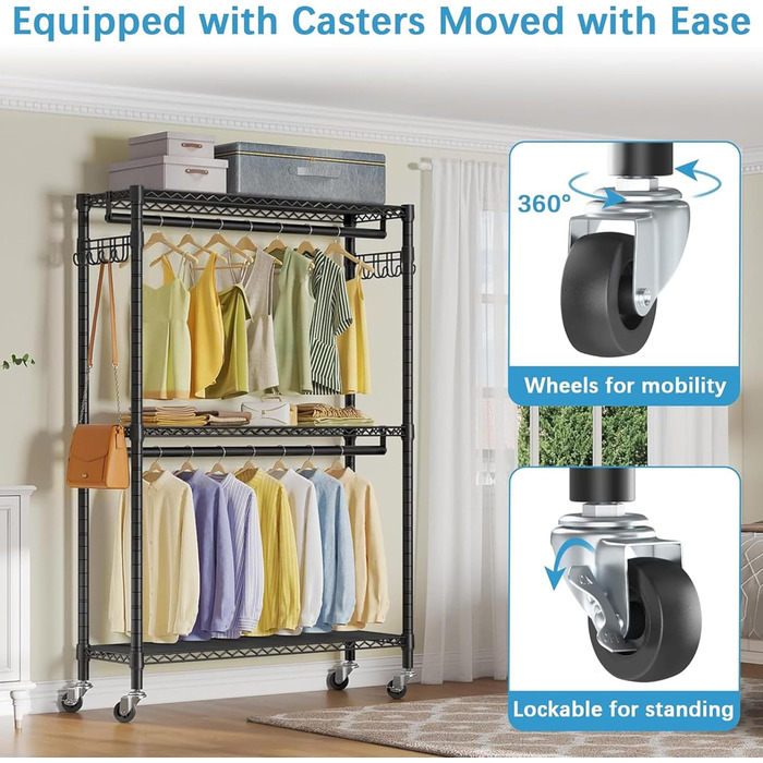 Clothes rack, clothes rod, rolling clothes rack, rolling clothes rod, sturdy clothes rack, clothes rack with wheels 90x43.5x180cm, load capacity 100kg