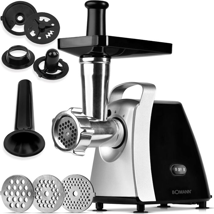 М'ясорубка електрична Bomann® FW 6067 CB Edelstahl (1000W) з насадкою для печива та вареників, 3 металеві диски, функція реверсу, набір для фаршу, нержавіюча сталь, модель 2024