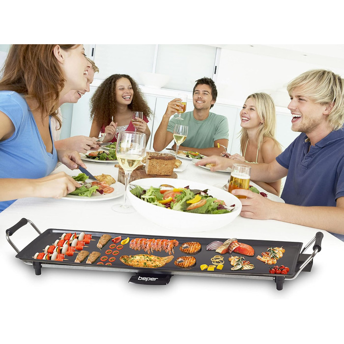 BEPER Electric Grill with Glass Lid - Non-Stick Coated Grill Plate, Stainless Steel, 1800W