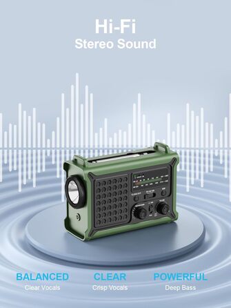ROCAM Радіо з ручним генератором та сонячною панеллю, 12000mAh, AM/FM, LED ліхтарик, USB, SOS, для кемпінгу та надзвичайних ситуацій, зелене