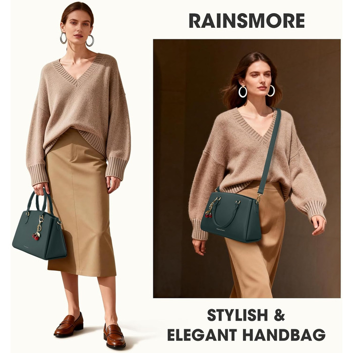 Сумка жіноча RAINSMORE середнього розміру з екошкіри, темно-зелена. Для планшета 11