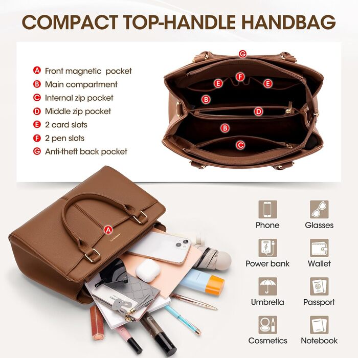 Сумка жіноча RAINSMORE середнього розміру з PU шкіри, коричнева: сумка-тоут, сумка на плече, сумка через плече