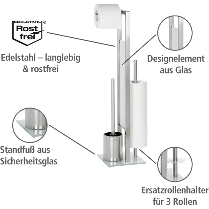 Набір для туалету WENKO Rivalta з інтегрованим тримачем туалетного паперу та щіткою для унітазу, нержавіюча сталь, 23 x 70 x 18 см, сріблястий матовий, матовий/білий/чорний