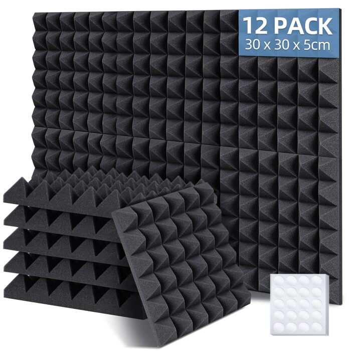 Акустичні пірамідні панелі Ohuhu для звукоізоляції, шумопоглинаючий спінеризований поролон 30x30x5 см, 24 шт. (для студії, подкастів, YouTube)
