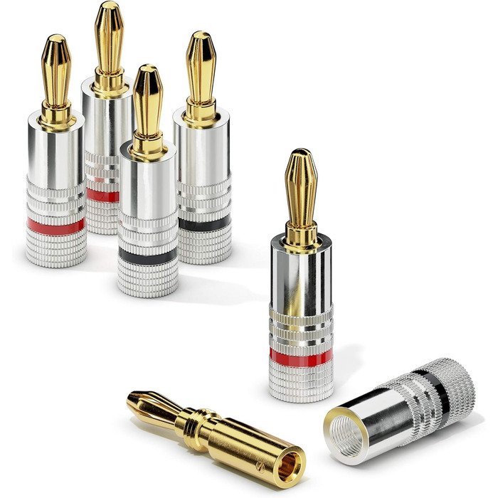 Набір бананових конекторів Sonero® (4 шт.), для акустичних кабелів до 6 мм², позолота 24K, кольорове кодування (12x червоний, 12x чорний)