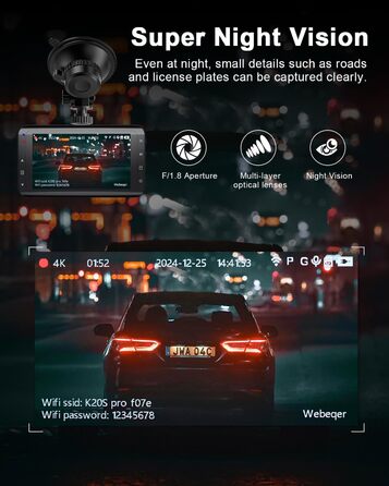 Відеореєстратор у машину Dashcam 4K з двома камерами, WiFi, 64GB SD карта, паркувальний асистент, нічне бачення, 170°+140° кут огляду, 3' IPS дисплей, G-сенсор, циклічна запис, паркування, підтримка карт до 256GB