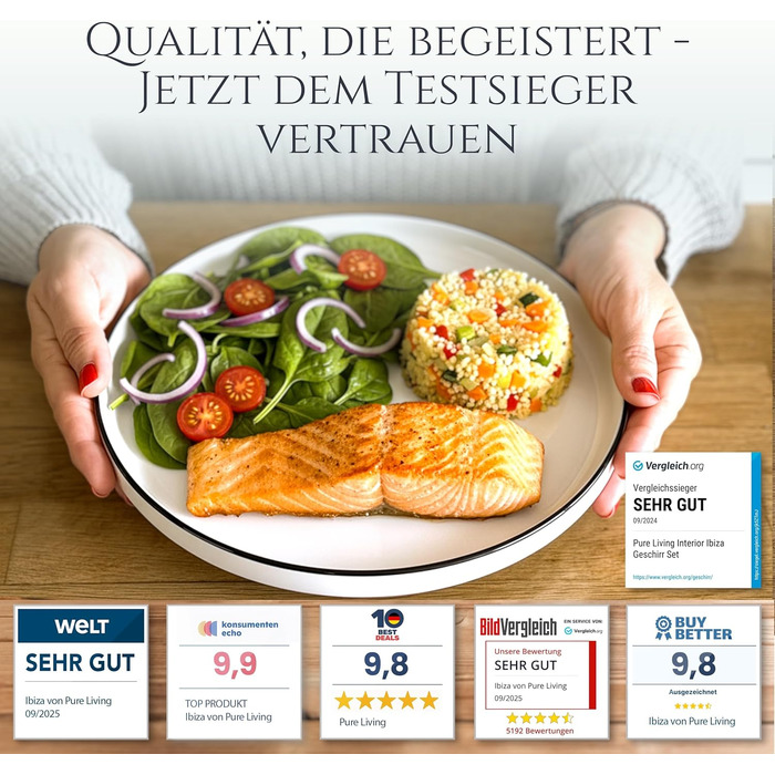 Сервіз Porzellan для 6 осіб, 24 предмети, Crystal, білий з чорним обідком. Тарілки та миски, преміум якість, сертифікат TESTSIEGER