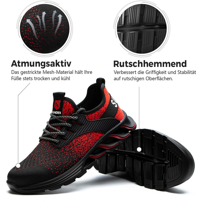 Зручні робочі черевики Suadex з металевим носком для чоловіків та жінок. Дихаючі, розміри 37-48 EU, колір червоний