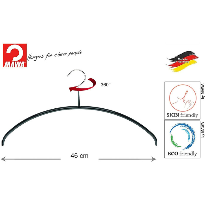 MAWA Clothes Hangers, Set of 10 high-quality, space-saving, non-slip clothes hangers, ideal for T-shirts and sweaters, with a 360° rotatable hook and non-slip coating, 46 cm, Black