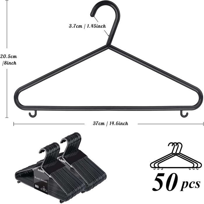 ilauke Standard Clothes Hangers Set, 50 Pieces Black Plastic Clothes Hangers, Multi-Purpose Skirt Hangers Space-Saving Clothes Hangers for Drying and Wet Laundry for Clothing Suits, Jackets, Trousers, 37CM