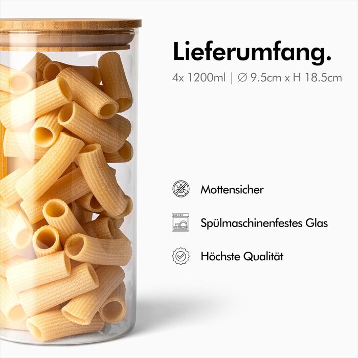 Скляні контейнери для зберігання KIVY з кришкою, 4 шт по 1200 мл - герметичні банки для продуктів, контейнери для кухні з бамбуковою кришкою