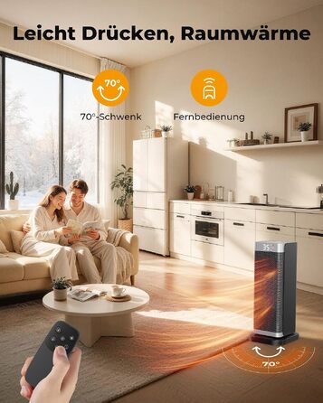 Керамічний обігрівач Fitabok 2000W з дистанційним керуванням, PTC-нагрівачем, таймером на 12г та ECO-режимом, поворот 70°, захист від перегріву та перекидання, чорний