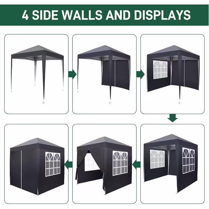2x2m Gazebo, Pop-up, Windproof, Waterproof, Folding Gazebo, UV Protection 50+, Adjustable Height, with 4 Side Panels, for Outdoor, Garden, Party, Camping, Dark Grey