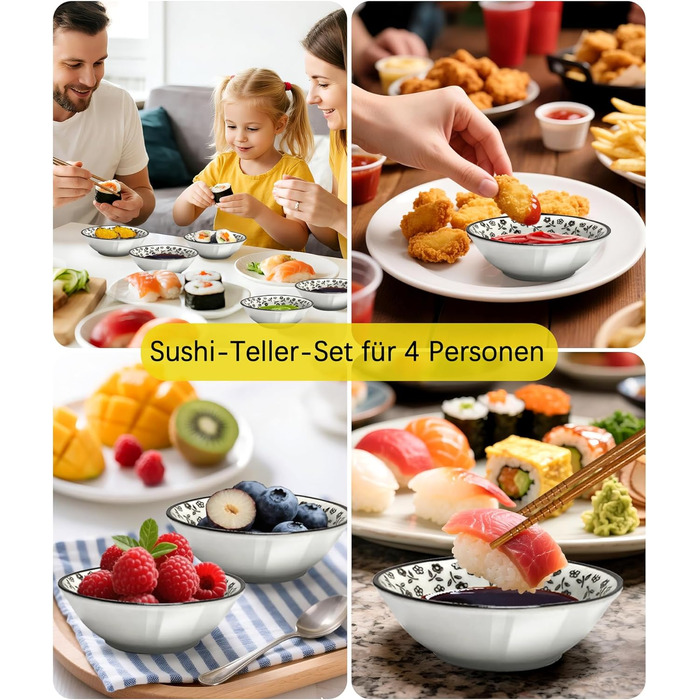 Набір для суші на 4 особи, 12 шт. з кераміки, круглий, з візерунком квітки сливи. Ідеальний подарунок на свята.