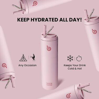 Пляшка для води BOTTLE BOTTLE 750 мл з соломинкою, кришкою та ручкою - не протікає, BPA-free, подвійні стінки, рожева. Ідеальна для спорту, подорожей та фітнесу.