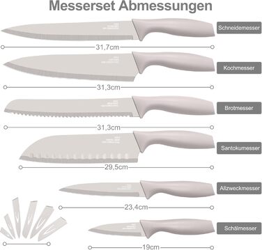 Набір кухонних ножів Homikit, нержавіюча сталь, 6 предметів, з захисним чохлом. Включає: кухарський ніж, ніж для м'яса, ніж для хліба, універсальний ніж, ніж для очищення овочів, сатокі. Антипригарне покриття, Khaki