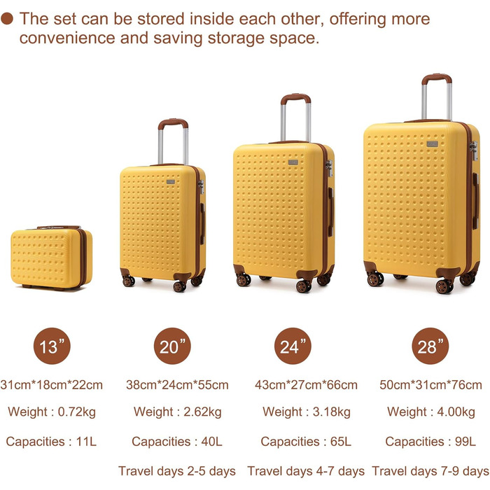 Чемодан-валіза KONO з жорсткою обшивкою, 76x50x31 см, білий (жовтий, 4 шт.) з TSA замком та 4 спінінг-колесами