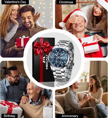 Чоловічий годинник MEGALITH з нержавіючої сталі, хронограф, водостійкий, аналоговий годинник для бізнесу, з календарем та підсвічуванням (B-silber-an)