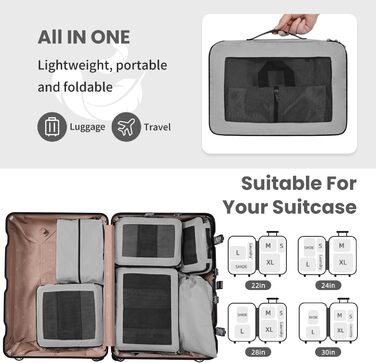 Набір кубиків-органайзерів для подорожей Prezon: 6 шт, сірий, з розширюваним сітковим вікном