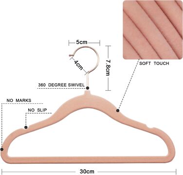 50 дитячих вішалок для одягу з оксамиту, вішалки для немовлят з поворотним гачком 360°, неслизькі та міцні з тримачем для краваток, 30B x 20,5H см, рожеві, AFY0350P