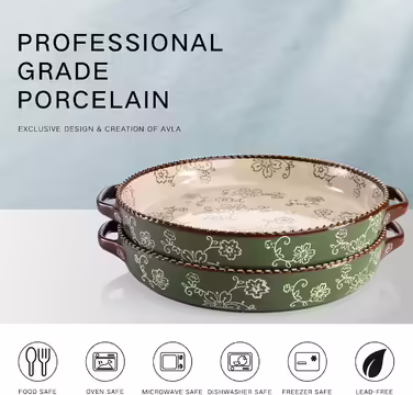 AVLA 2-Piece Ceramic Cake Pans, 9-inch, Round Baking Dish with Double Handles, 27.3 oz, Deep Quiche Dish for Kitchen, Cooking, Roasting Lasagna (Sakura, Green) Sakura, Vert