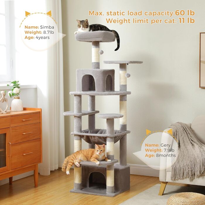 PAWZ Road Дряпка для котів велика, стабільна, 184 см, з гамаком, 7 стовпчиків для дряпання, велика полиця, кошик, для великих котів, сірий (M)