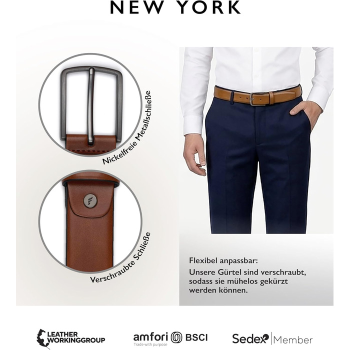 Шкіряний чоловічий ремінь FENIX NEW YORK Desert Cognac (80 см), ширина 35 мм, регульований ремінь для костюма та джинсів, гіпоалергенна пряжка
