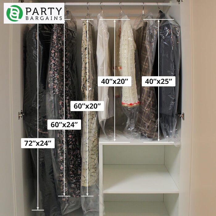 Прозорі пластикові чохли для одягу Party Bargains 63,5x101,6 см, 100 шт, 80 мкм, для хімчистки, пралень, захист костюмів, суконь, пальт, уніформи
