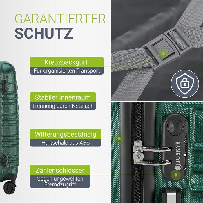 Набір валіз Juskys® Hartschale 4 шт. з кодовим замком, тихі колеса 360°, телескопічна ручка, легкий, зелений (3 шт.)