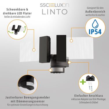 Вуличний LED-світильник SSC-LUXon NORSU з датчиком руху, подвійний прожектор, нейтрально-білий, IP65, з адаптером для кута та датчиком сутінків, модель Linto