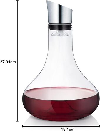 blomus -ALPHA- Glass Decanter, Comfortable & Drip-Free Pouring of Wine, Filter & Aeration, One-Hand Operation, Dishwasher Safe (H/W/D: 26.5 x 18 x 18 cm, Glass / Stainless Steel, 63570)