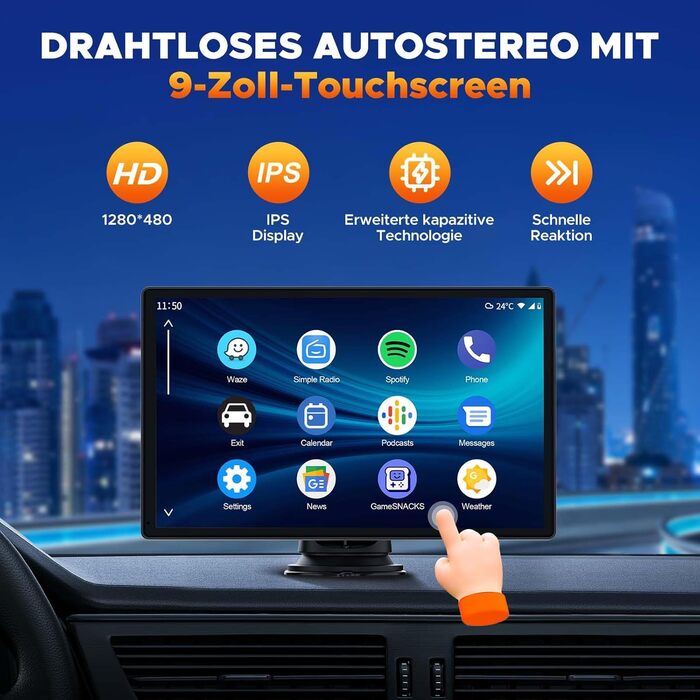 Volam автомобільна магнітола з 9'' IPS, бездротовий CarPlay та Android Auto, Bluetooth 5.0, FM, AUX, підтримка Siri та Google, портативний дисплей
