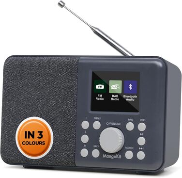 Портативне цифрове радіо MD3 DAB/DAB+/FM з Bluetooth, динаміком та навушниками, 40 станцій, будильник, годинник, таймер, кольоровий дисплей, батарея та мережа (темно-сірий)