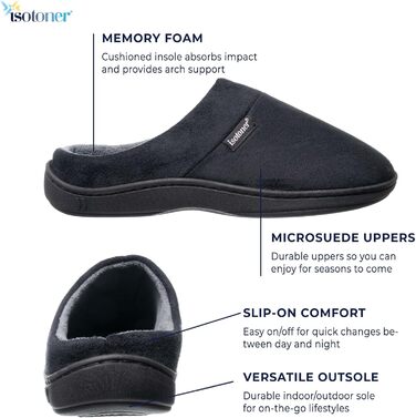 Чоловічі тапочки Isotoner з піною пам'яті та внутрішньою/зовнішньою підошвою. М'який халатний дизайн, чорний мікрозамш, середній розмір