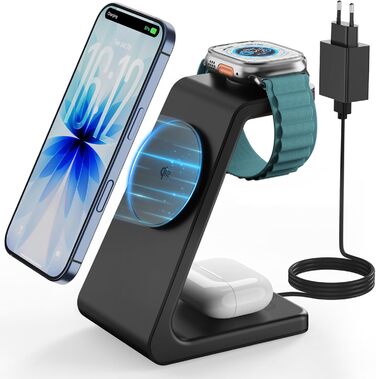 Зарядний пристрій GEEKERA 3 в 1 з підтримкою Qi2, 15W, для iPhone, Apple Watch, AirPods, чорний