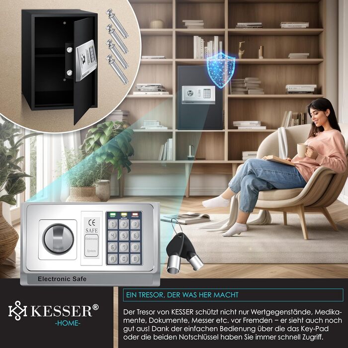 Електронний сейф KESSER® для дому та офісу 31x20x20 см, з подвійним замком, кріпленням, внутрішнім освітленням, сталевий (чорний, XL)