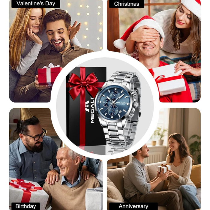 Чоловічий годинник MEGALITH з нержавіючої сталі, хронограф, водостійкий, аналоговий годинник для бізнесу, з календарем та підсвічуванням (B-silber-an)