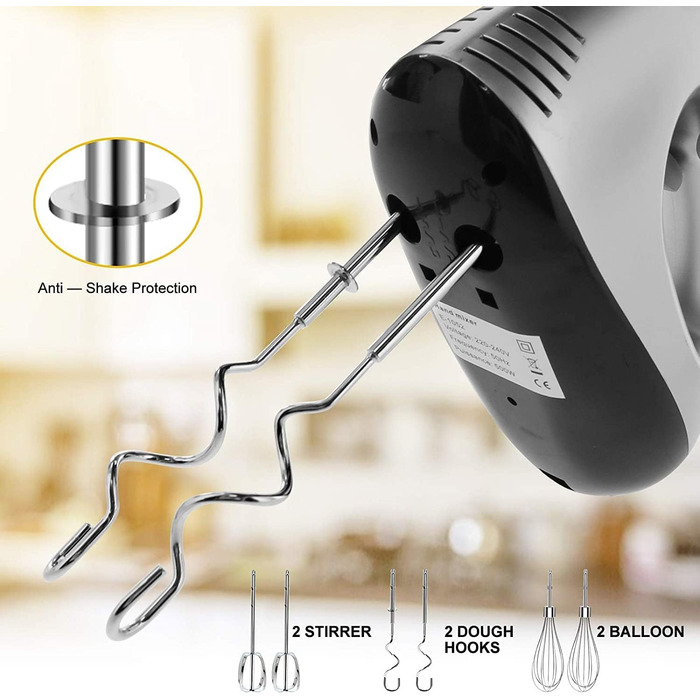 Електричний міксер 500W з набором аксесуарів для випічки (2 міксери, 2 гаки, 2 вінчики, збивач яєць, шпатель, підставка)