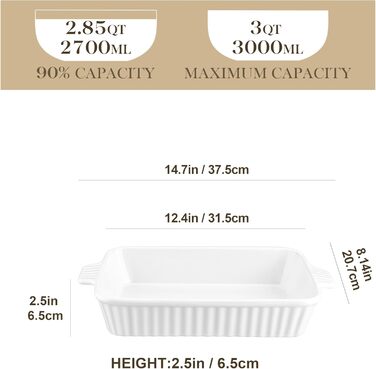 Керамічна форма для запікання MALACASA Bake.Bake 3 л, 37.5 см, прямокутна, біла, для лазаньї, тірамісу, запіканок, на 4-6 осіб