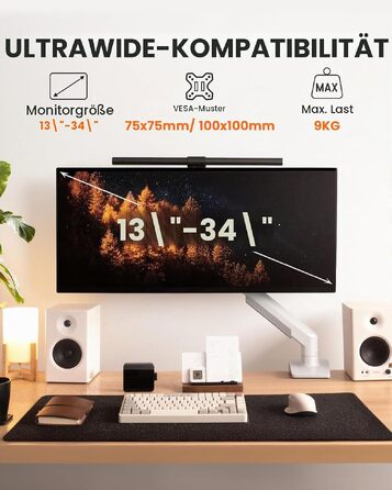Кронштейн для монітора ErGear від 13 до 34 дюймів, білий — настінний тримач з газліфтом, швидкий монтаж, витримує до 9 кг, VESA 75x75 та 100x100 мм, з кабелеменеджментом