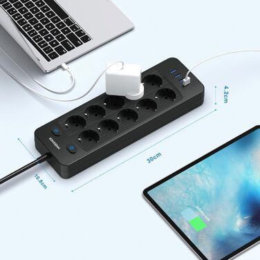 Мережевий фільтр NVEESHOX з 10 розеток, 3 USB-A та 1 USB-C (20W PD), з індивідуальними вимикачами, захист від перенапруги, 2м, для дому та офісу (Чорний)