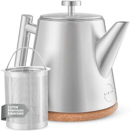 Заварник для чаю Teekanne з ситечком, 1 л, нержавіюча сталь, з функцією підігріву та пробковим підстаканником, двостінний чайник для листового чаю та трав'яних настоїв
