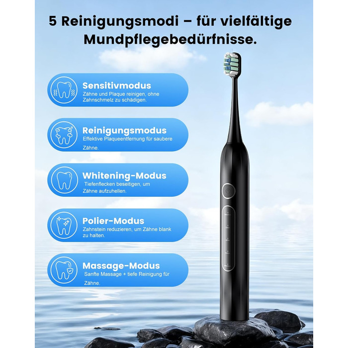 Електрична зубна щітка звукова 5 режимів, таймер 30с, відбілює зуби за 2 тижні, 8 змінних насадок, IPX7, чорний