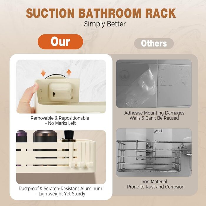 Сучасна душова полиця Lekesky, стійка до іржі, 2 шт., Gunmetal Grey, алюміній, на присосках, без свердління, з 12 гачками (прямокутна)