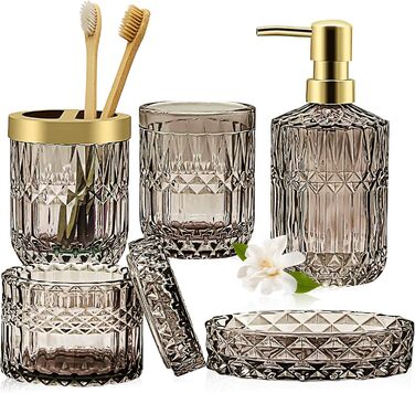 Набір аксесуарів для ванної кімнати зі скла, 5 шт. (мильниця, дозатор мила, тримач для зубних щіток, контейнер для ватних паличок, стакан) чорний