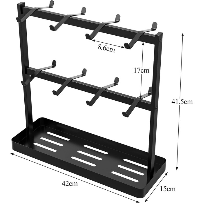 YUMORE Mug Holder with 16 Hooks, Metal Coffee Cup Holder with Storage Bottom, Coffee Mug Holder, Cup Rack for Kitchen, Dining Room, Cafe Counter, Black, 42 * 15 * 41.5cm