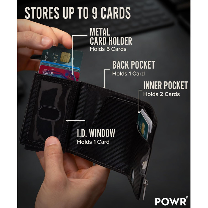 Чоловічий металевий картхолдер POWR Wallet з відділенням для монет. Мінімалістичний картхолдер для чоловіків (чорний карбон)
