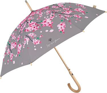 PERLETTI Green Eco Women's Umbrella - Large Automatic Rain Umbrella with Recycled Materials & Cherry Blossom Design