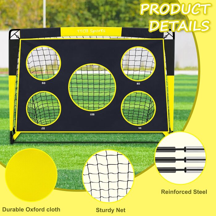TTCB Sports 2-in-1 Kids Soccer Goal - Outdoor Football Goal with 5 Target Zones, Pop Up Soccer Goal Net & Carry Bag, Ideal for Football Training Equipment or Gifts for Boys (Yellow, 90x90x120cm)
