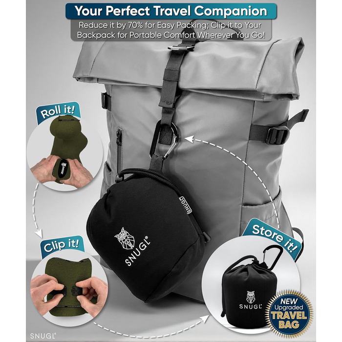 Подушка для шиї SNUGL з Memory Foam, регульована та миюча | Зручна подушка для подорожей на літаку, в авто та в дорогу | Подушка-шия, Neck Travel Pillow (доросла, маленька, оливковий)